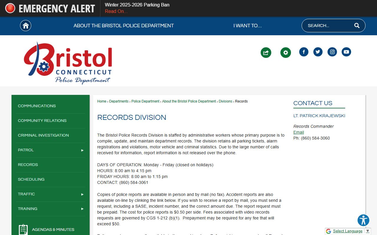 Bristol Police Department records area and public access
