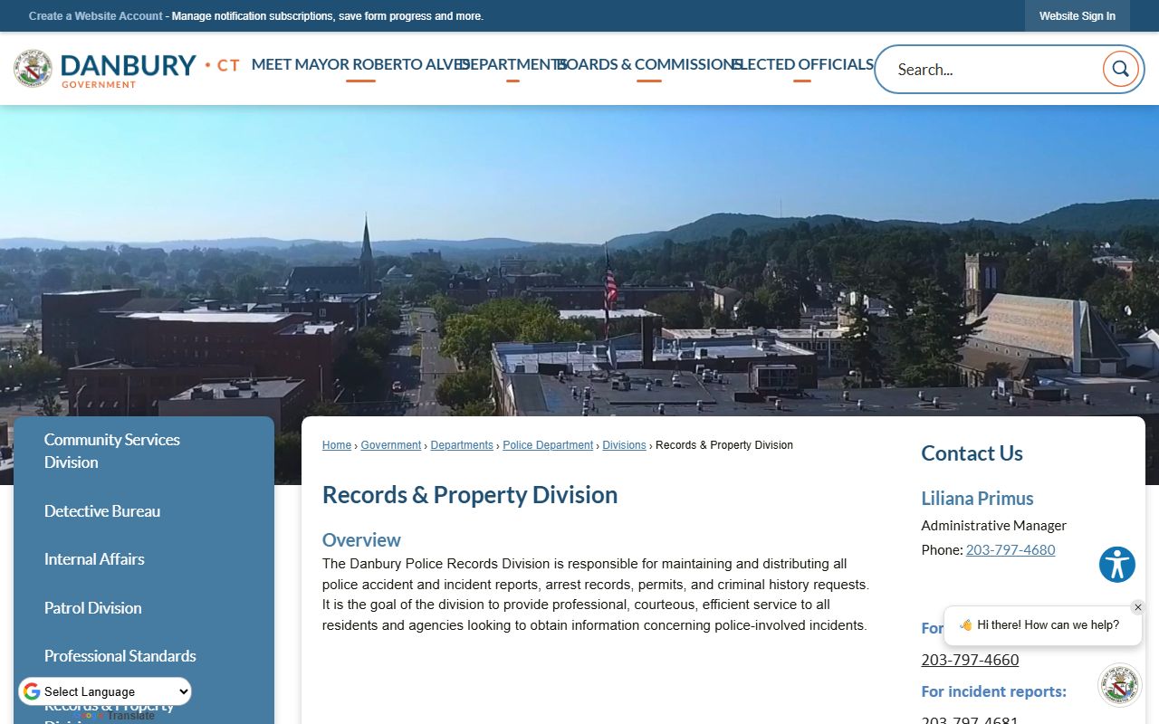 Danbury Police Department records office and filing system