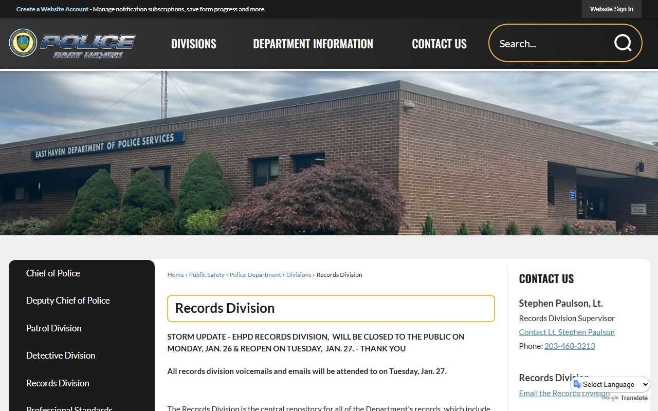 East Haven Police Department Records Division office for requesting police records