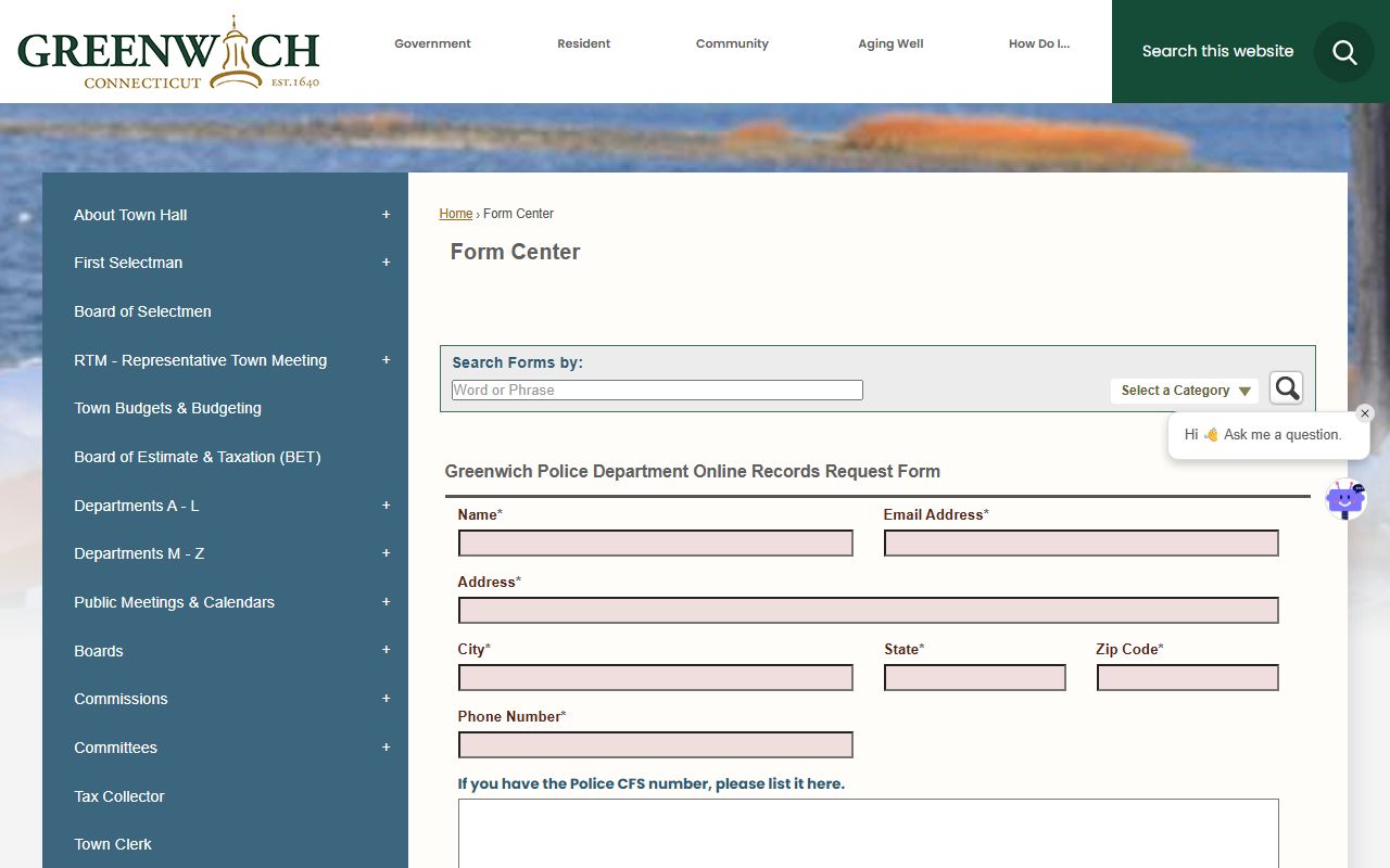 Greenwich Police Department online records request form