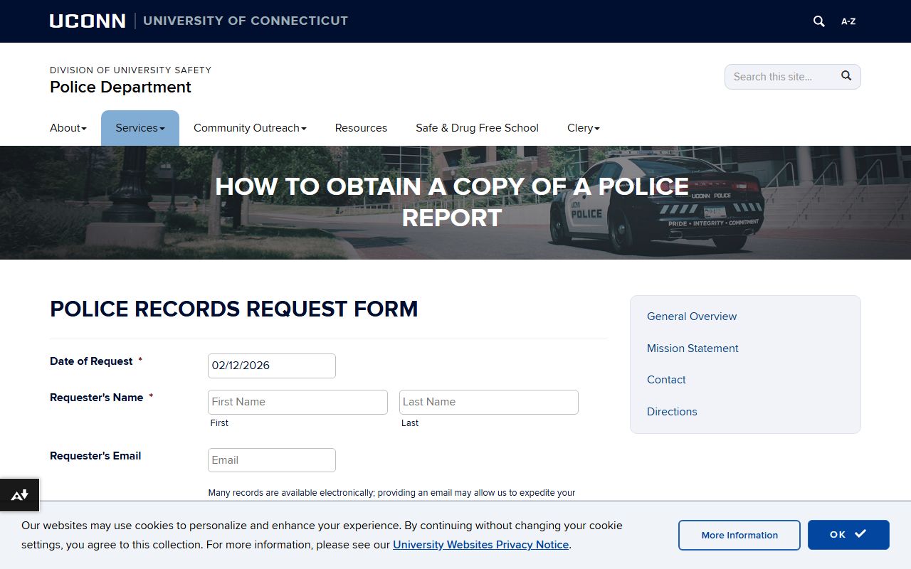 UConn Police Department investigation report request form for police records
