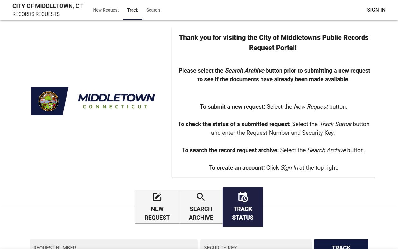 Middletown FOI portal online request system for police records
