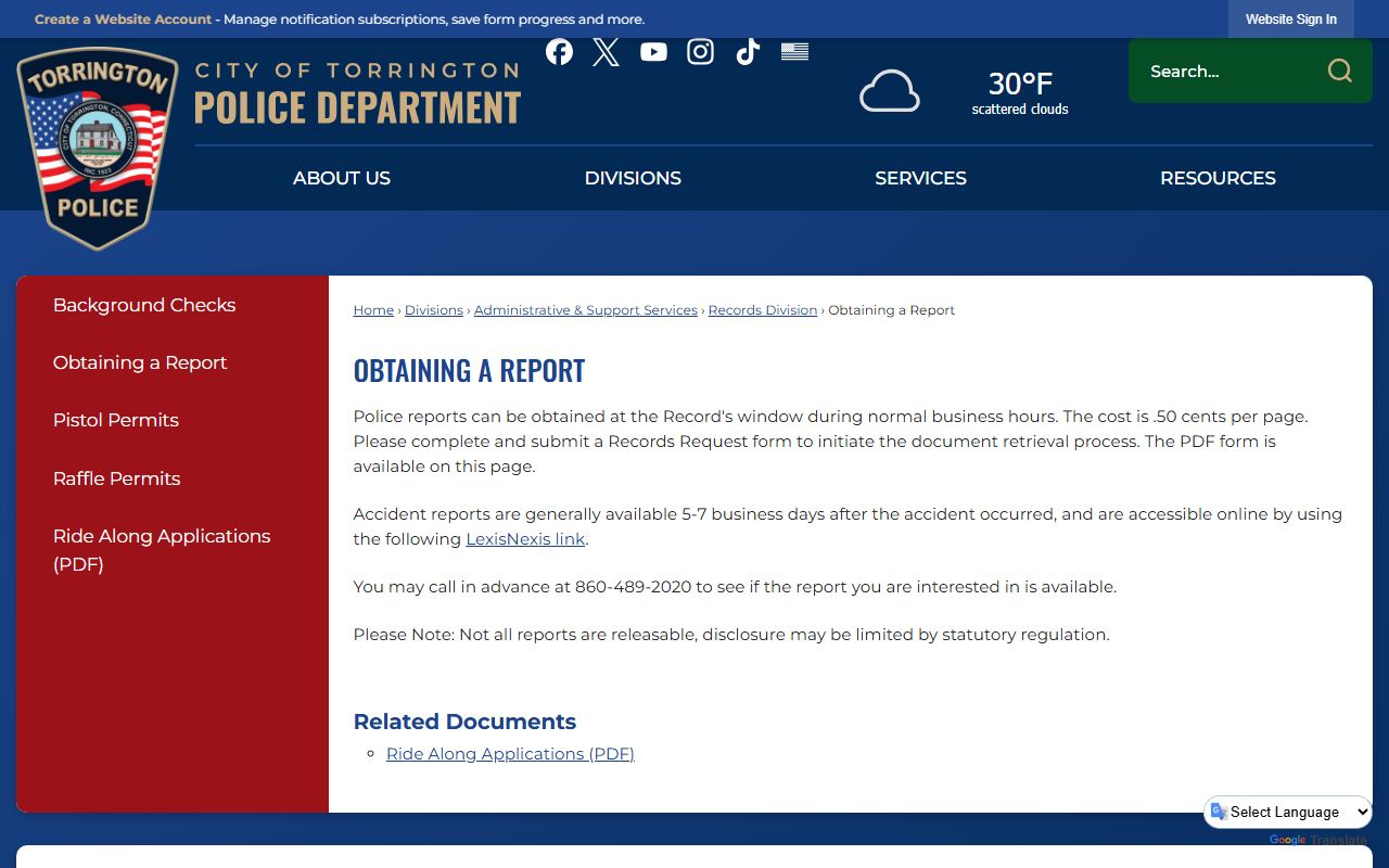 Torrington Police Department information on obtaining reports