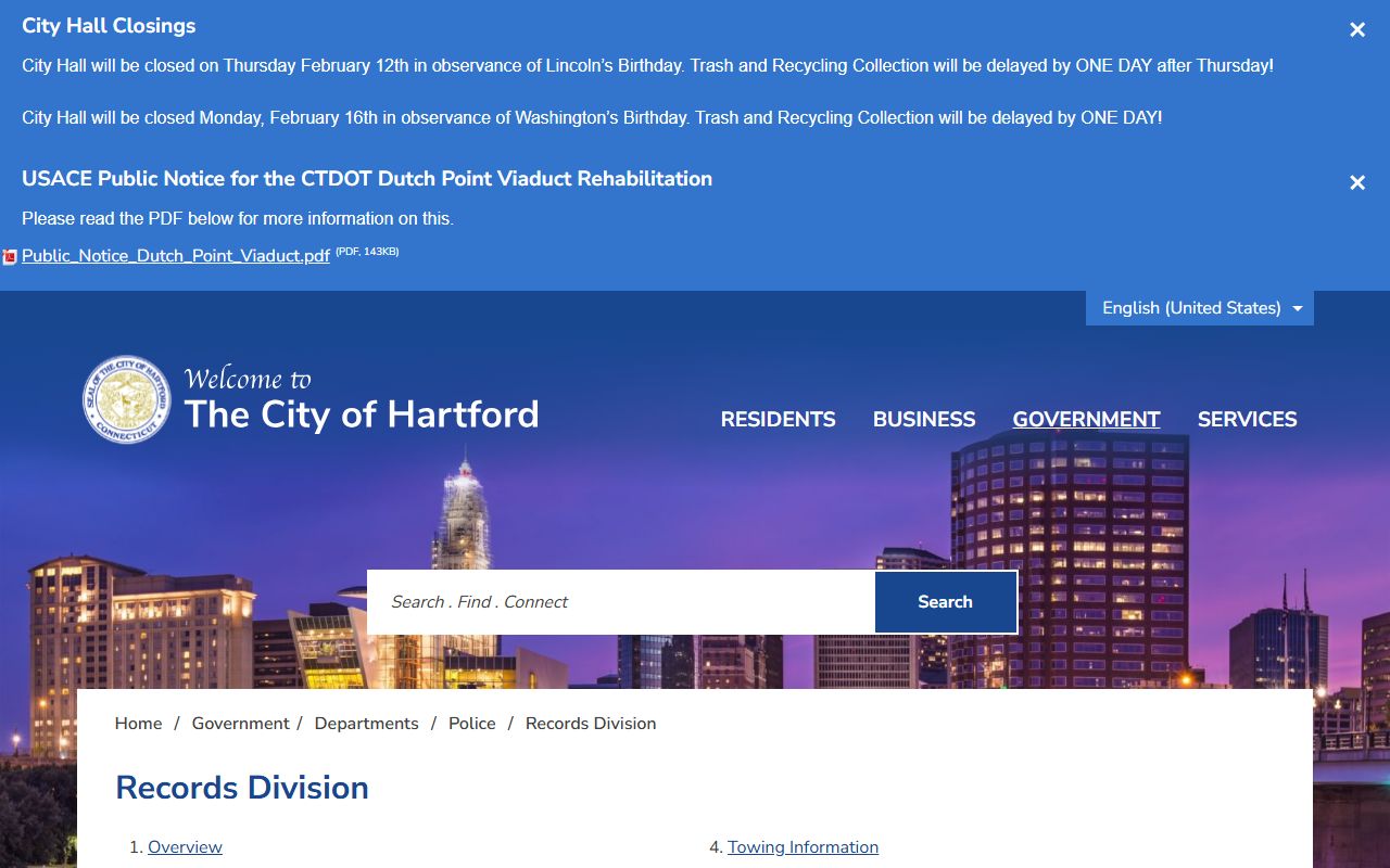 Hartford Police Department records office for incident reports