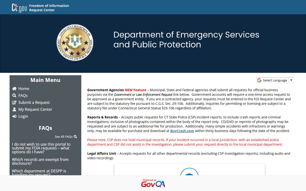 GovQA Freedom of Information request portal for Connecticut State Police records