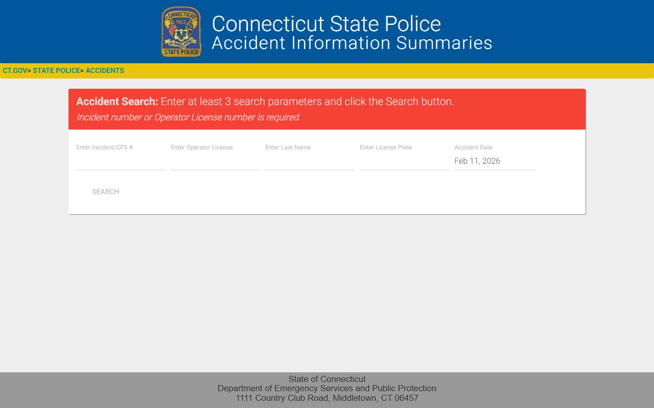 Connecticut State Police Accident Information portal for requesting accident summaries